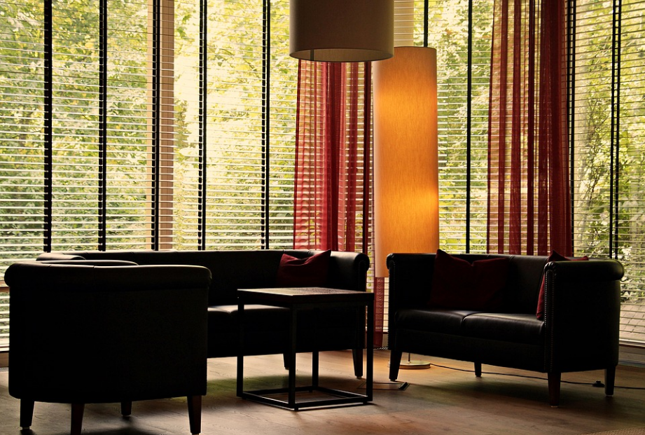 a shady room with large windows